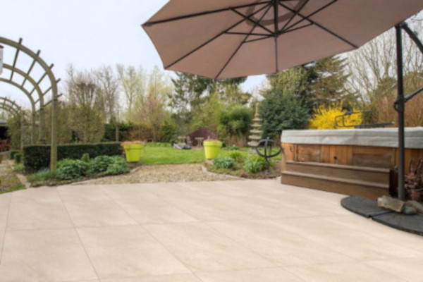 Beige porcelain paving slabs