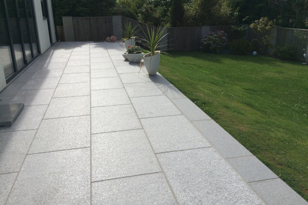 Silver grey granite paving used to create this patio paving area